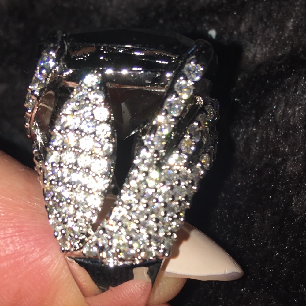 Crystal & Onyx Rodium Silver Ring